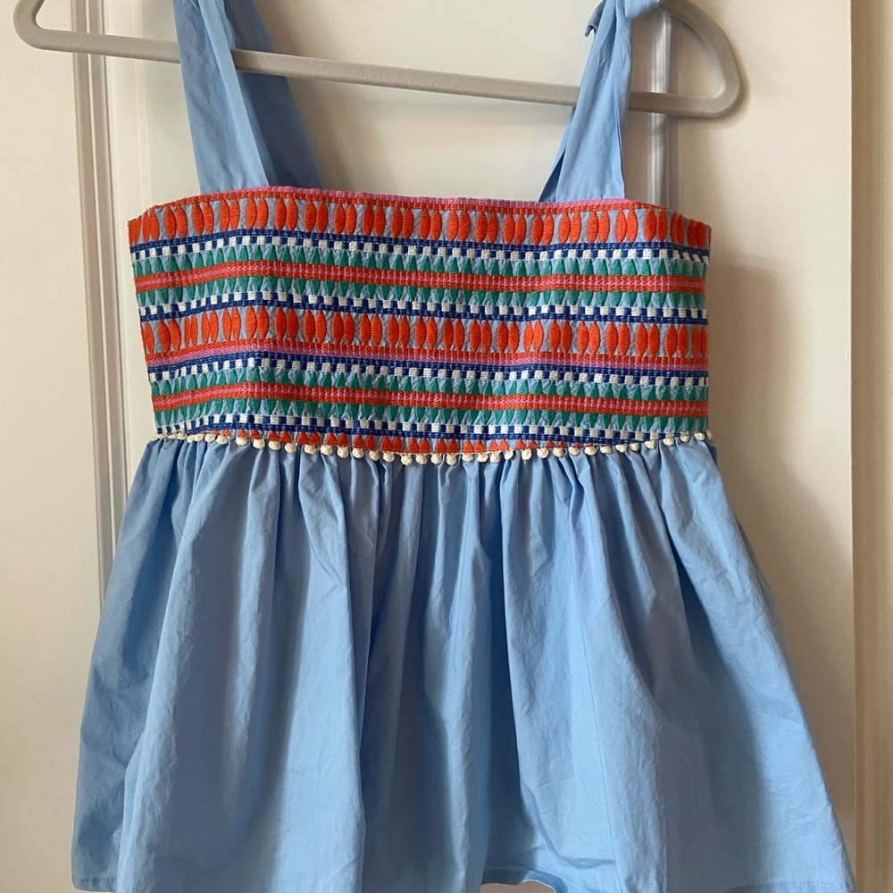 Light Blue Smocked Tank Top with Colorful Embroidery